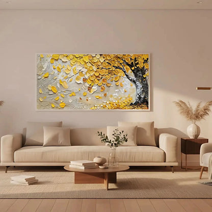 Peinture abstraite d’un arbre doré étincelant sur fond beige et bleu, style mosaïque vibrant, parfaite pour un salon.