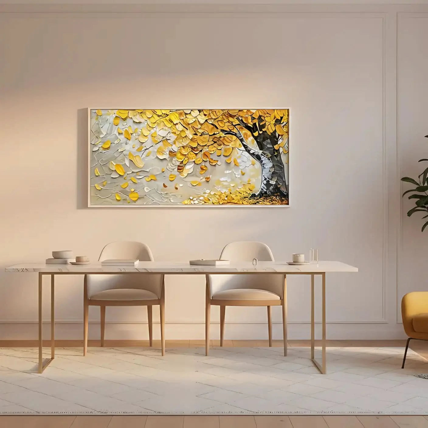 Peinture abstraite d’un arbre doré étincelant sur fond beige et bleu, style mosaïque vibrant, parfaite pour un salon.