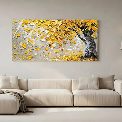 Peinture abstraite d’un arbre doré étincelant sur fond beige et bleu, style mosaïque vibrant, parfaite pour un salon.