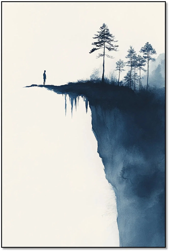 Illustration d’une silhouette au bord du vide, entourée de formes abstraites et de silhouettes d'arbres, apportant une atmosphère intense.