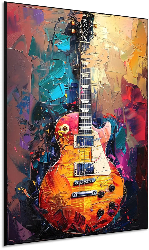 Illustration d'une guitare électrique avec des couleurs vibrantes, apportant une atmosphère dynamique et énergique à la décoration.