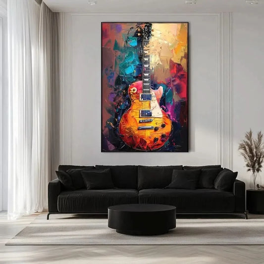 Illustration d'une guitare électrique avec des couleurs vibrantes, apportant une atmosphère dynamique et énergique à la décoration.