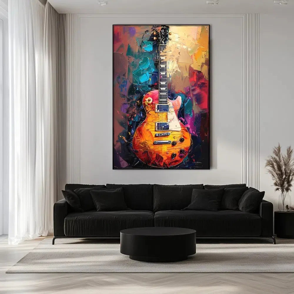 Illustration d'une guitare électrique avec des couleurs vibrantes, apportant une atmosphère dynamique et énergique à la décoration.