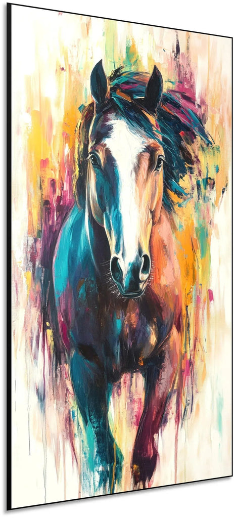 Peinture d'un cheval vibrant avec des couleurs éclatantes, créant une image dynamique et pleine d'énergie, idéale pour un salon moderne.