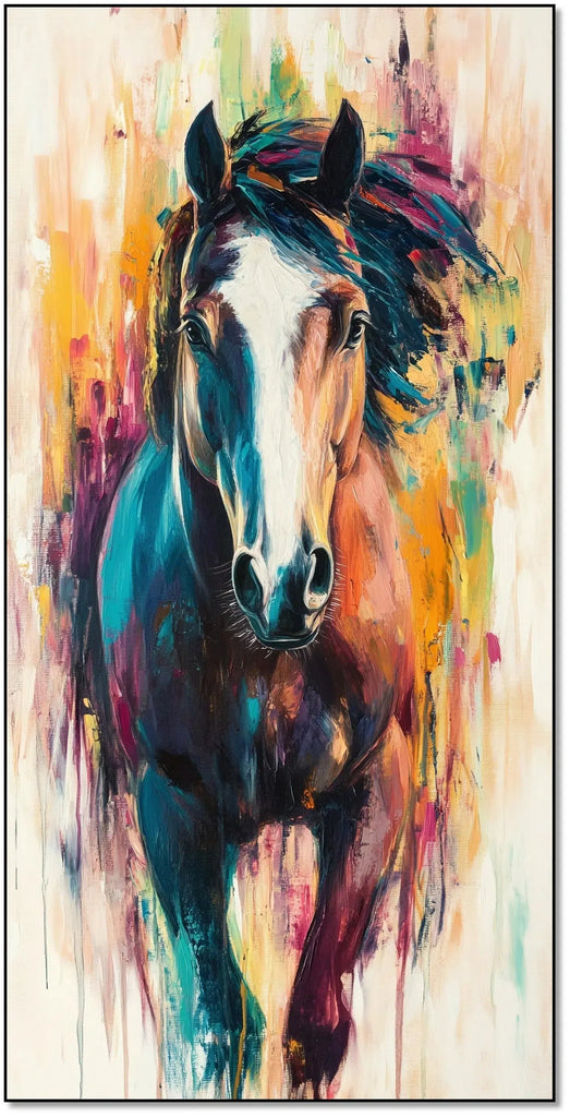 Peinture d'un cheval vibrant avec des couleurs éclatantes, créant une image dynamique et pleine d'énergie, idéale pour un salon moderne.