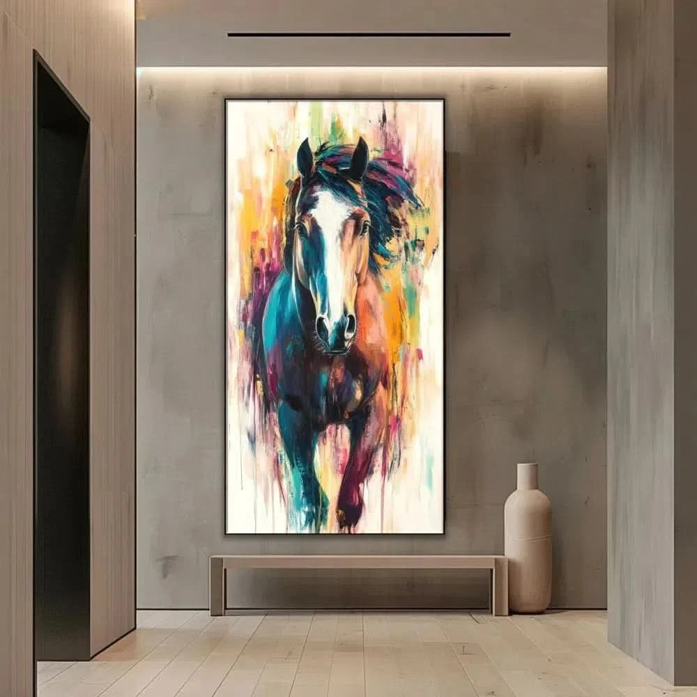 Peinture d'un cheval vibrant avec des couleurs éclatantes, créant une image dynamique et pleine d'énergie, idéale pour un salon moderne.