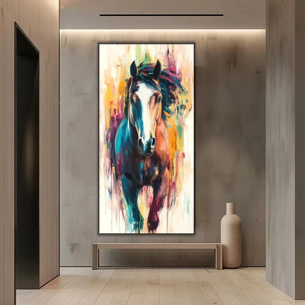 Peinture d'un cheval vibrant avec des couleurs éclatantes, créant une image dynamique et pleine d'énergie, idéale pour un salon moderne.