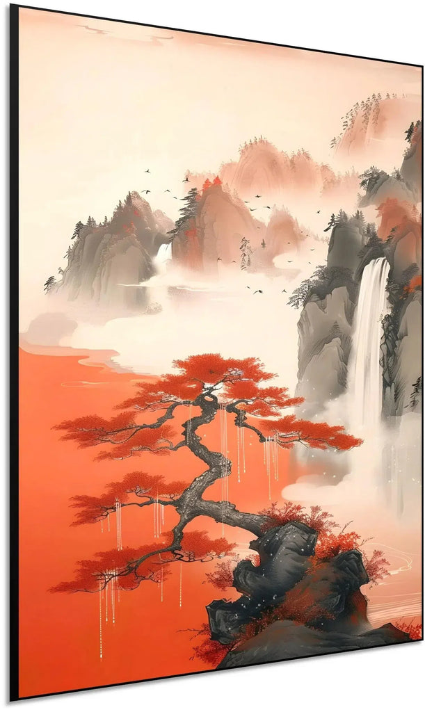 Arbre aux feuilles rouges vives, sur fond de montagnes brumeuses et de chutes d'eau, créant une ambiance sereine et poétique, idéale pour une décoration zen.