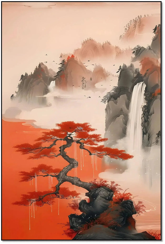 Arbre aux feuilles rouges vives, sur fond de montagnes brumeuses et de chutes d'eau, créant une ambiance sereine et poétique, idéale pour une décoration zen.