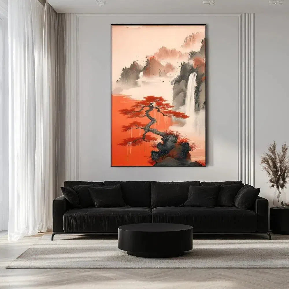 Arbre aux feuilles rouges vives, sur fond de montagnes brumeuses et de chutes d'eau, créant une ambiance sereine et poétique, idéale pour une décoration zen.