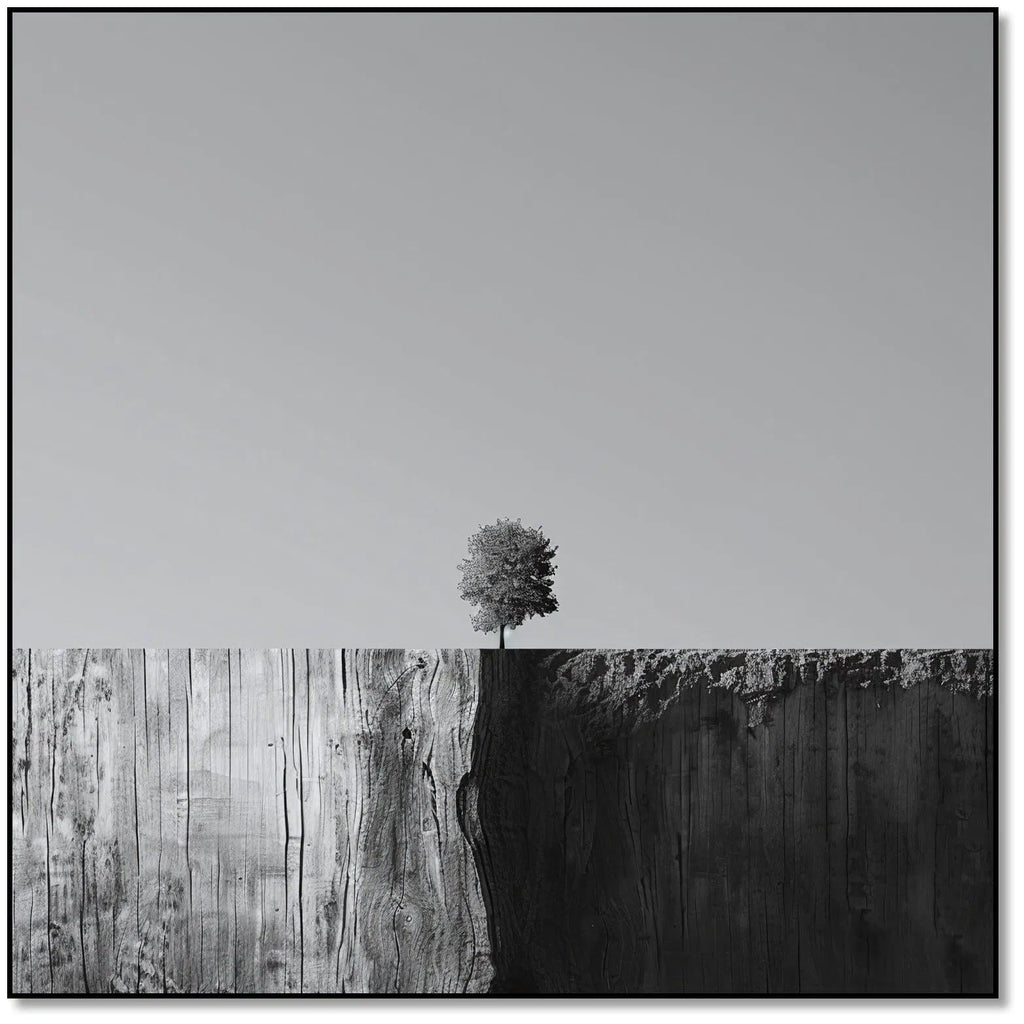 Arbre solitaire sur fond noir et blanc, illustrant le minimalisme et la sérénité, idéal pour des espaces modernes et épurés.