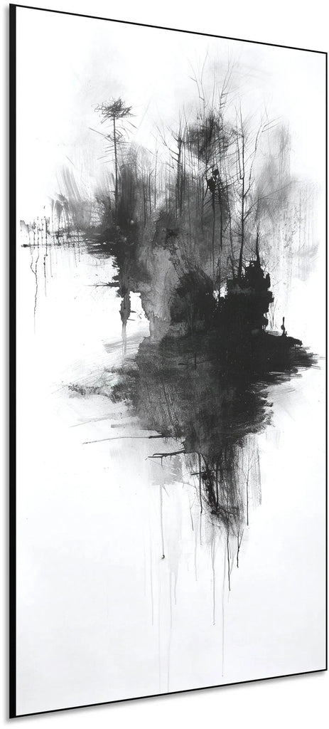 Peinture abstraite en noir et blanc représentant des arbres sombres et une silhouette, idéale pour une décoration moderne de salon.