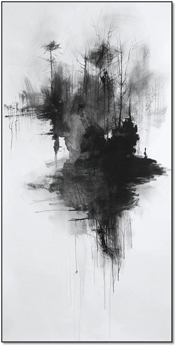 Peinture abstraite en noir et blanc représentant des arbres sombres et une silhouette, idéale pour une décoration moderne de salon.