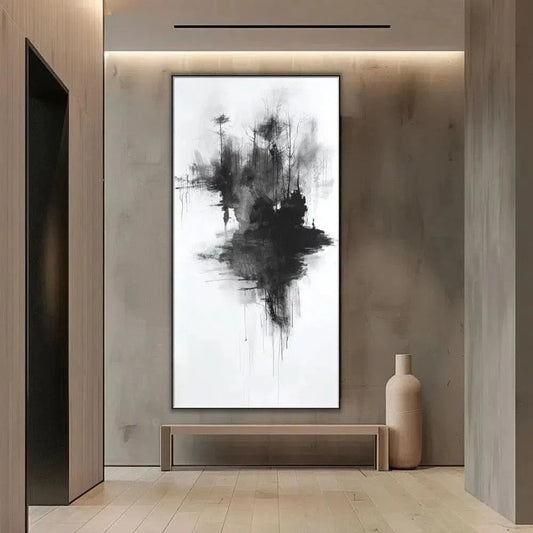 Peinture abstraite en noir et blanc représentant des arbres sombres et une silhouette, idéale pour une décoration moderne de salon.