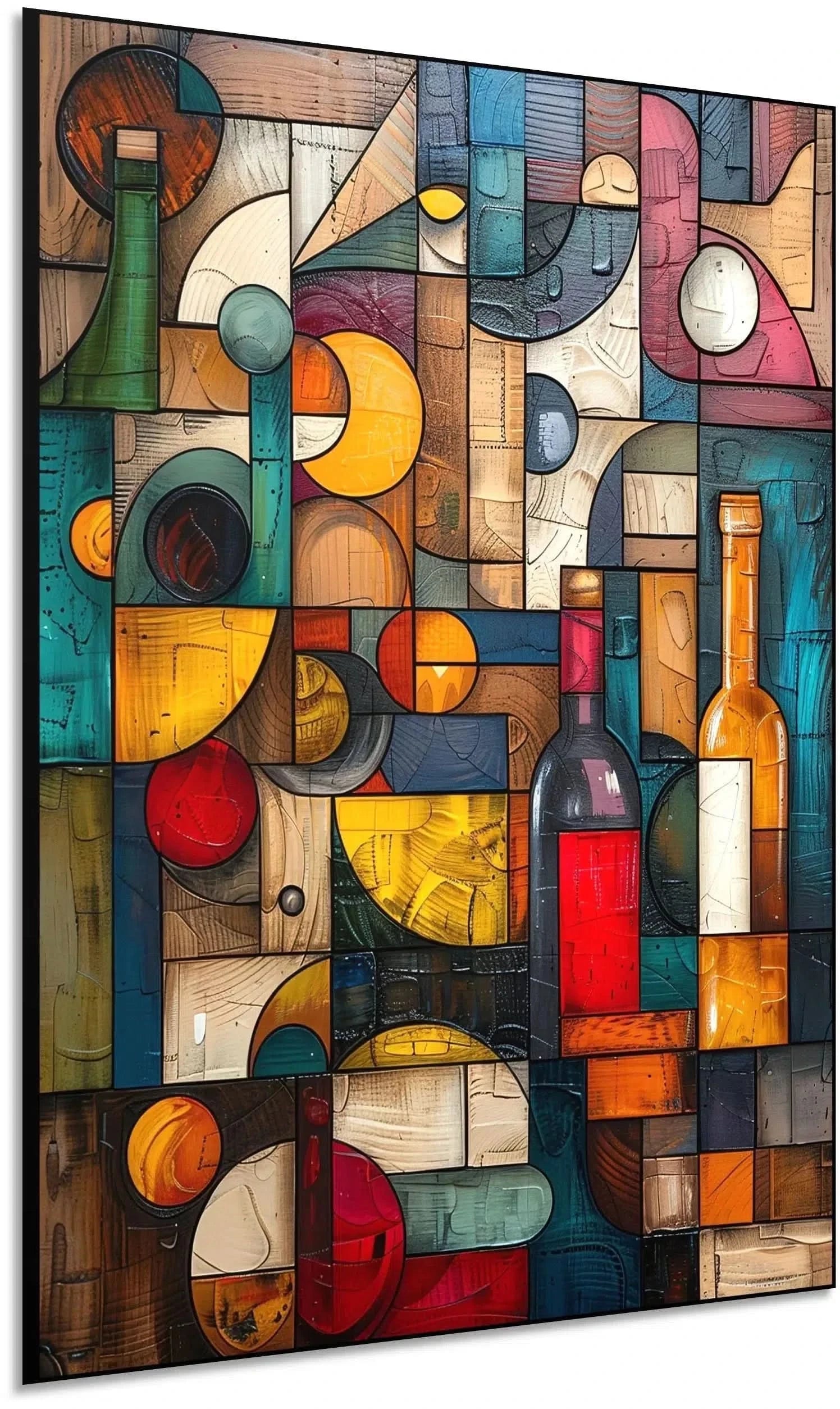 Illustration d’une composition géométrique avec des bouteilles de vin et des couleurs vibrantes, apportant une touche d’élégance.