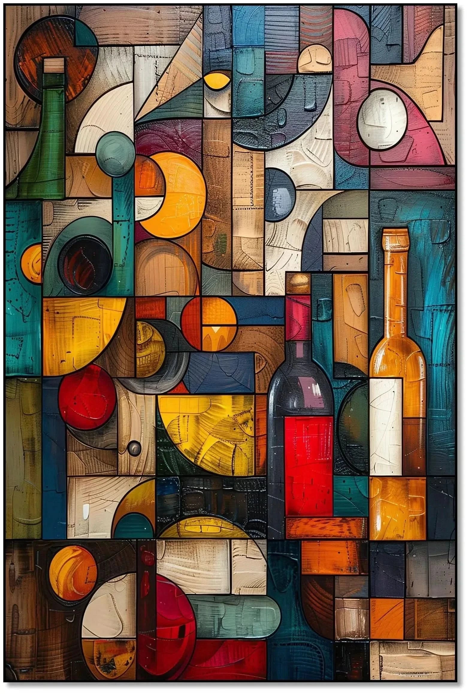 Illustration d’une composition géométrique avec des bouteilles de vin et des couleurs vibrantes, apportant une touche d’élégance.