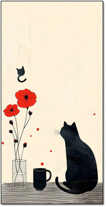 Illustration d'un chat noir observant des fleurs rouges et un autre chat volant,  idéale pour une chambre enfantine.