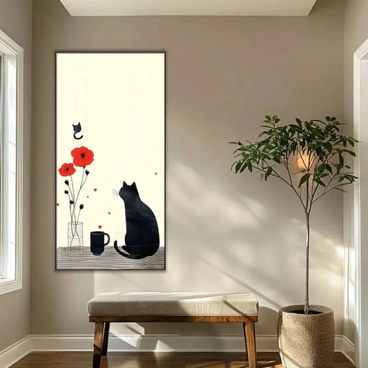 Illustration d'un chat noir observant des fleurs rouges et un autre chat volant,  idéale pour une chambre enfantine.