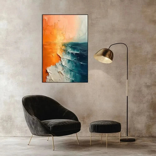 Illustration d'un lever de soleil sur l'océan avec des couleurs douces et vives, apportant sérénité et beauté naturelle à l'espace.