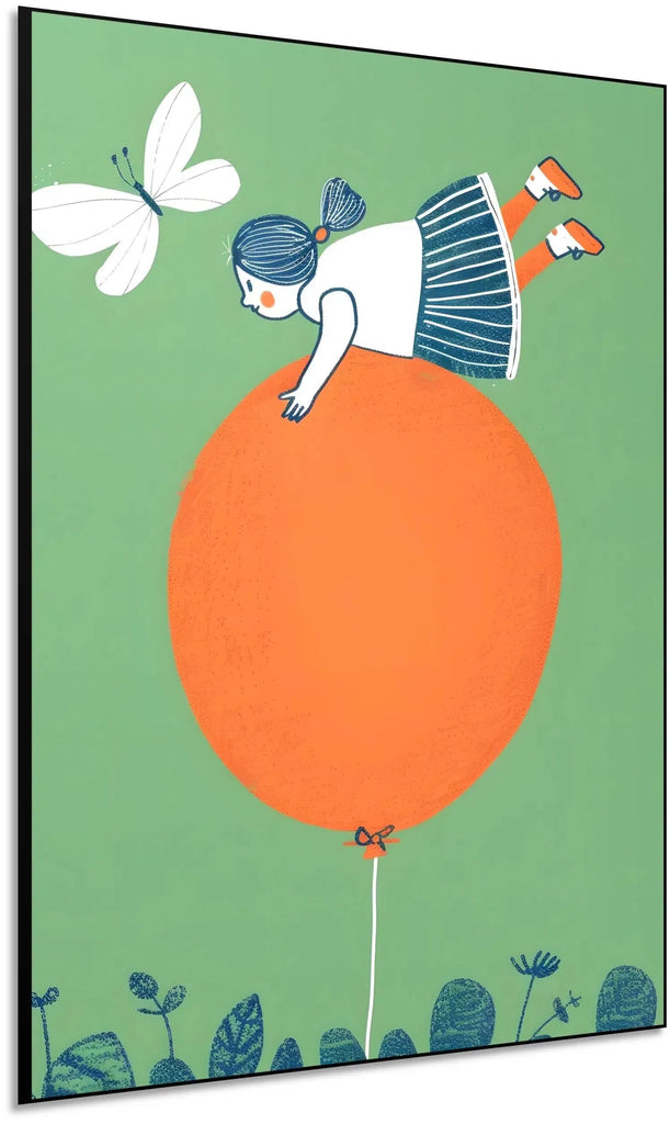 Illustration d'une fille perchée sur un ballon orange, entourée de plantes et d’un papillon. Une scène ludique et joyeuse, parfaite pour une chambre d'enfant créative.