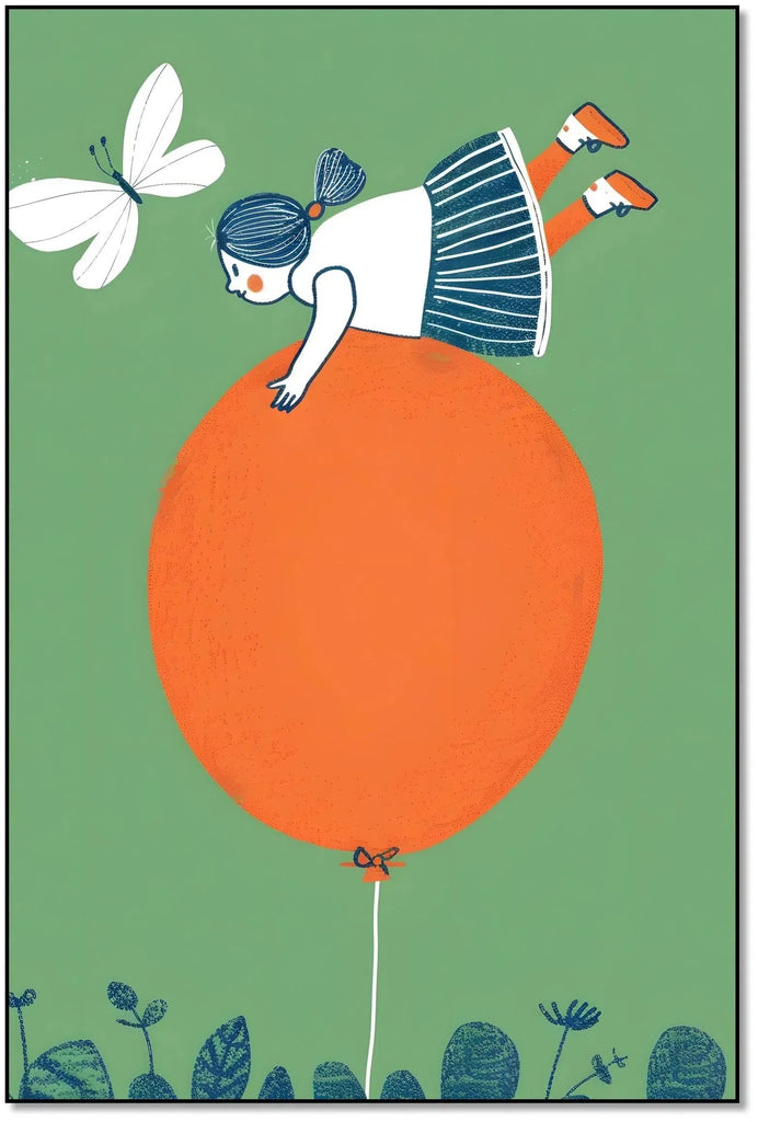 Illustration d'une fille perchée sur un ballon orange, entourée de plantes et d’un papillon. Une scène ludique et joyeuse, parfaite pour une chambre d'enfant créative.