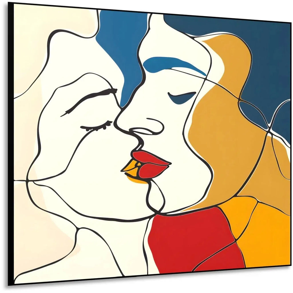 Tableau abstrait représentant un baiser, avec des lignes nettes et des couleurs vibrantes de rouge, jaune et bleu.