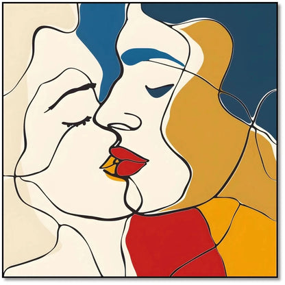 Tableau abstrait représentant deux visages, avec des lignes nettes et des couleurs vibrantes de rouge, jaune et bleu.