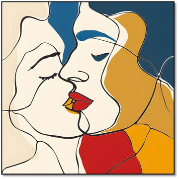 Tableau abstrait représentant un baiser, avec des lignes nettes et des couleurs vibrantes de rouge, jaune et bleu.