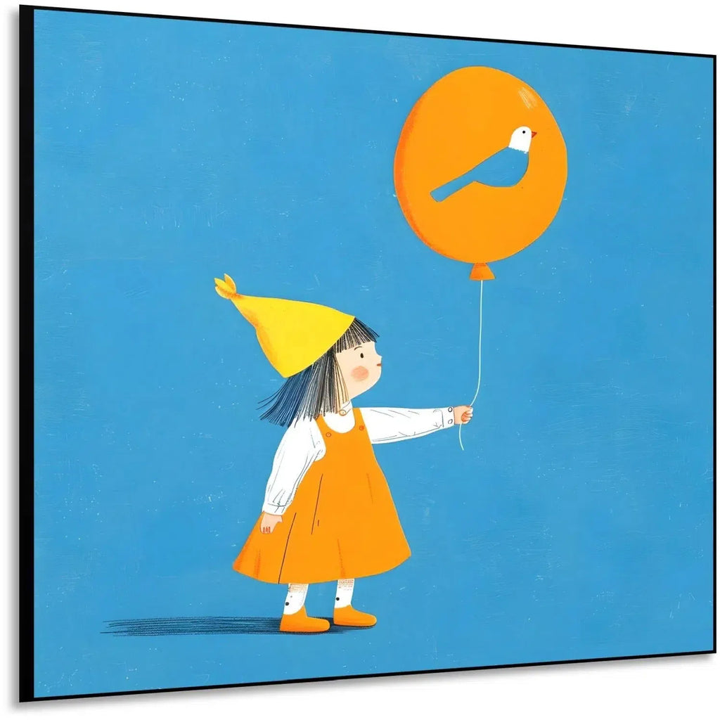 Enfant avec un ballon orange décoré d'un oiseau bleu, un tableau joyeux et coloré, symbole de rêve et d'imagination.