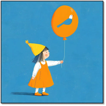 Enfant avec un ballon orange décoré d'un oiseau bleu, un tableau joyeux et coloré, symbole de rêve et d'imagination.