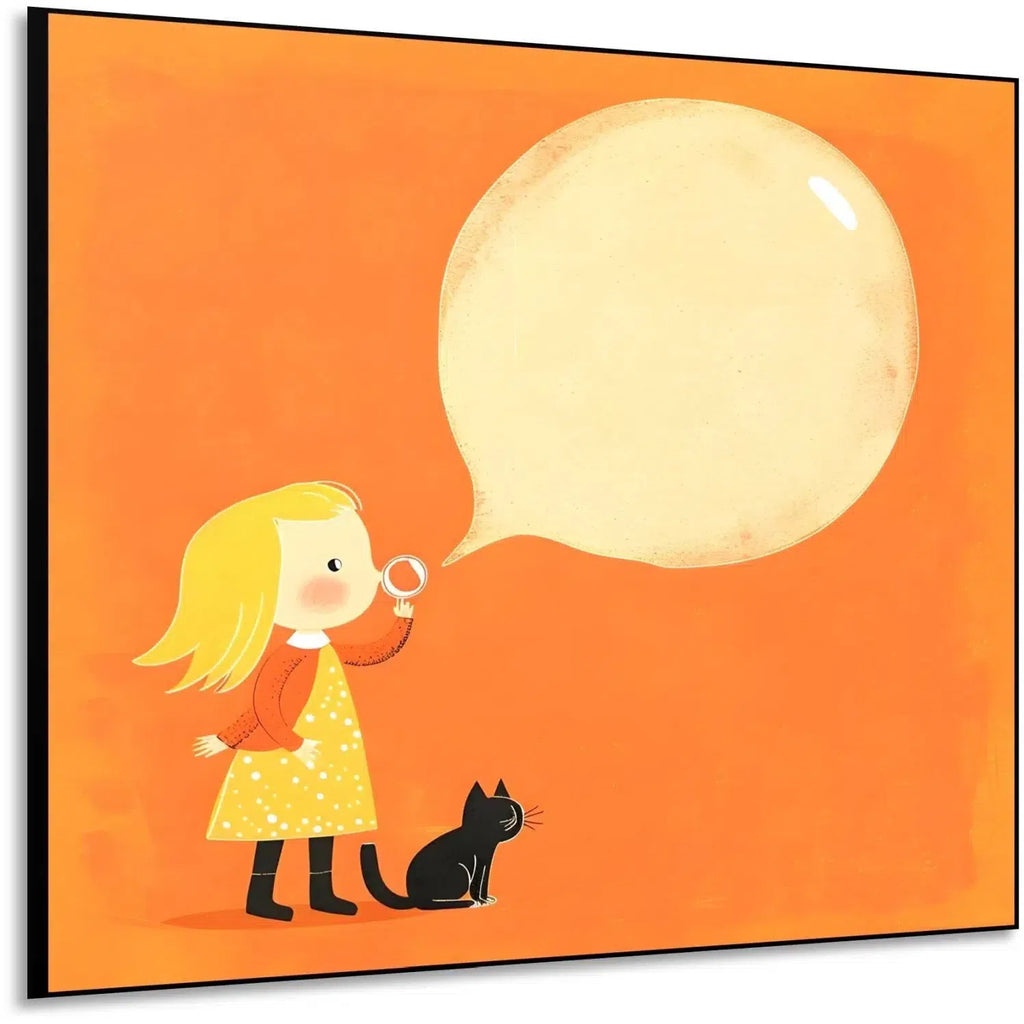 Illustration joyeuse de petite fille soufflant une bulle de savon, accompagnée d'un chat noir, idéale pour une chambre d'enfant.