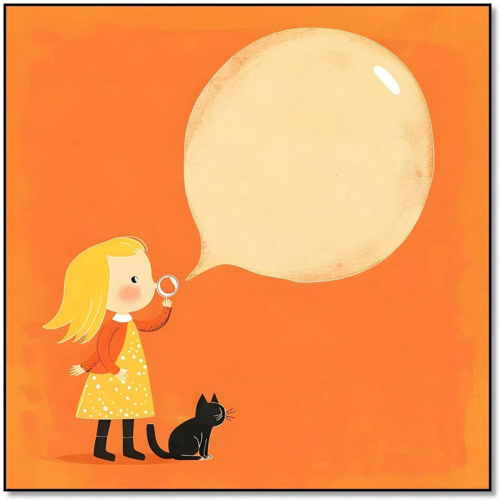 Illustration joyeuse de petite fille soufflant une bulle de savon, accompagnée d'un chat noir, idéale pour une chambre d'enfant.