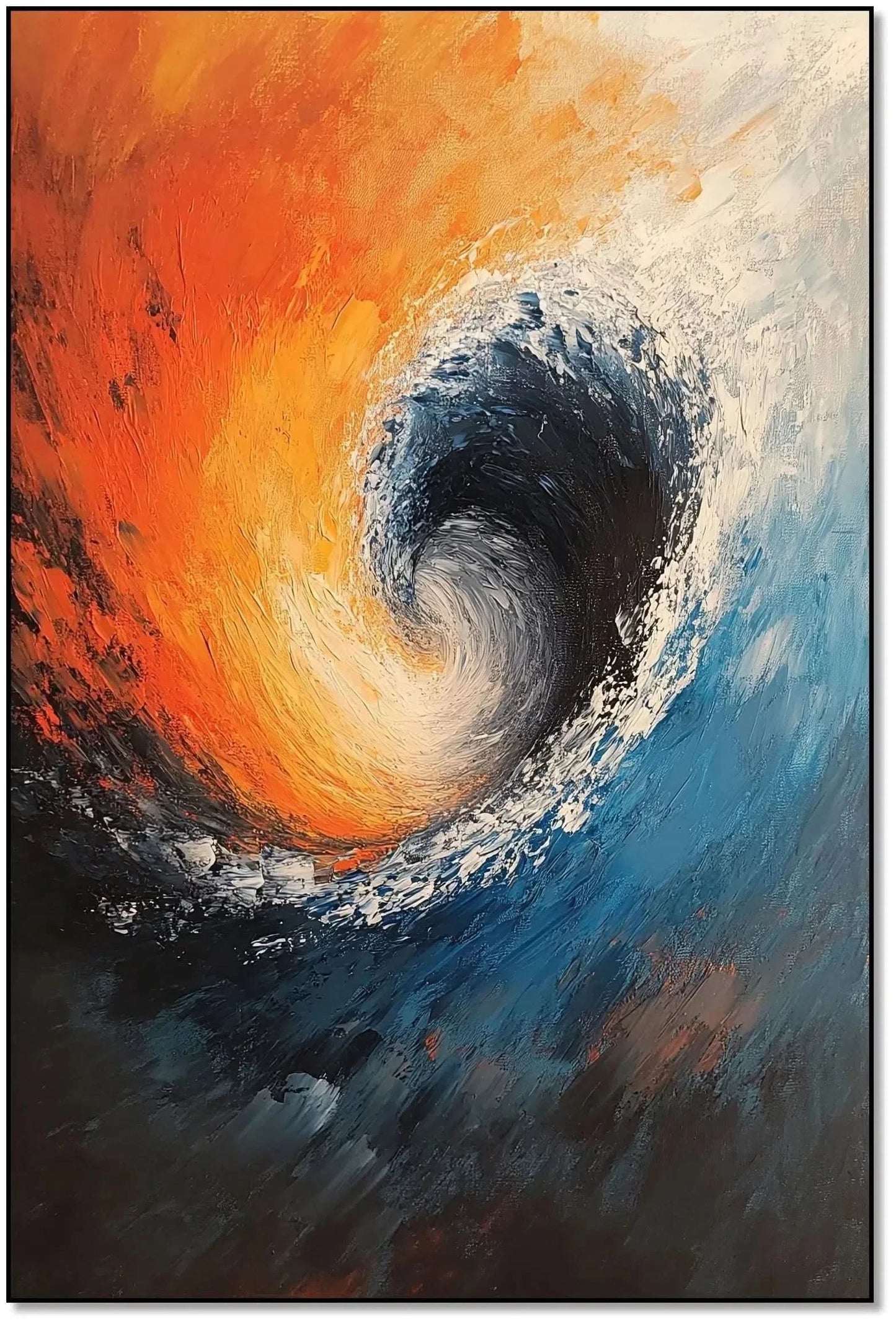 Illustration d’une vague tourbillonnante aux couleurs contrastées, apportant une atmosphère de mouvement et force naturelle à l’espace.