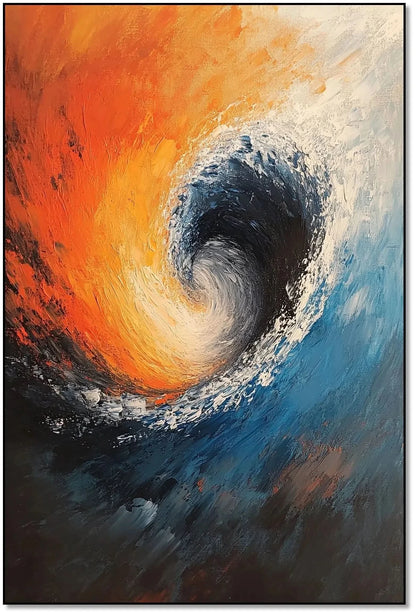 Illustration d’une vague tourbillonnante aux couleurs contrastées, apportant une atmosphère de mouvement et force naturelle à l’espace.