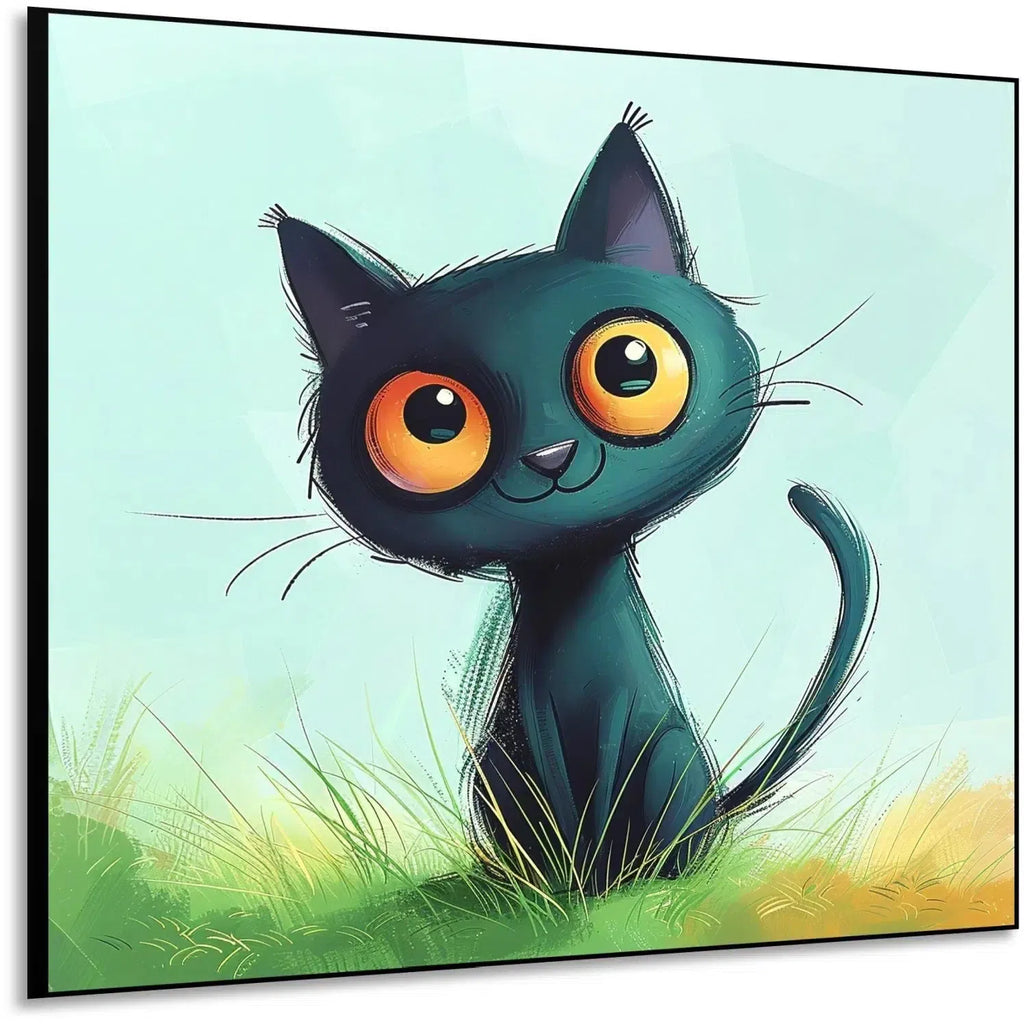 Chat noir mignon avec grands yeux, dans l'herbe verte, art animalier joyeux et ludique, parfait pour une chambre d'enfant.