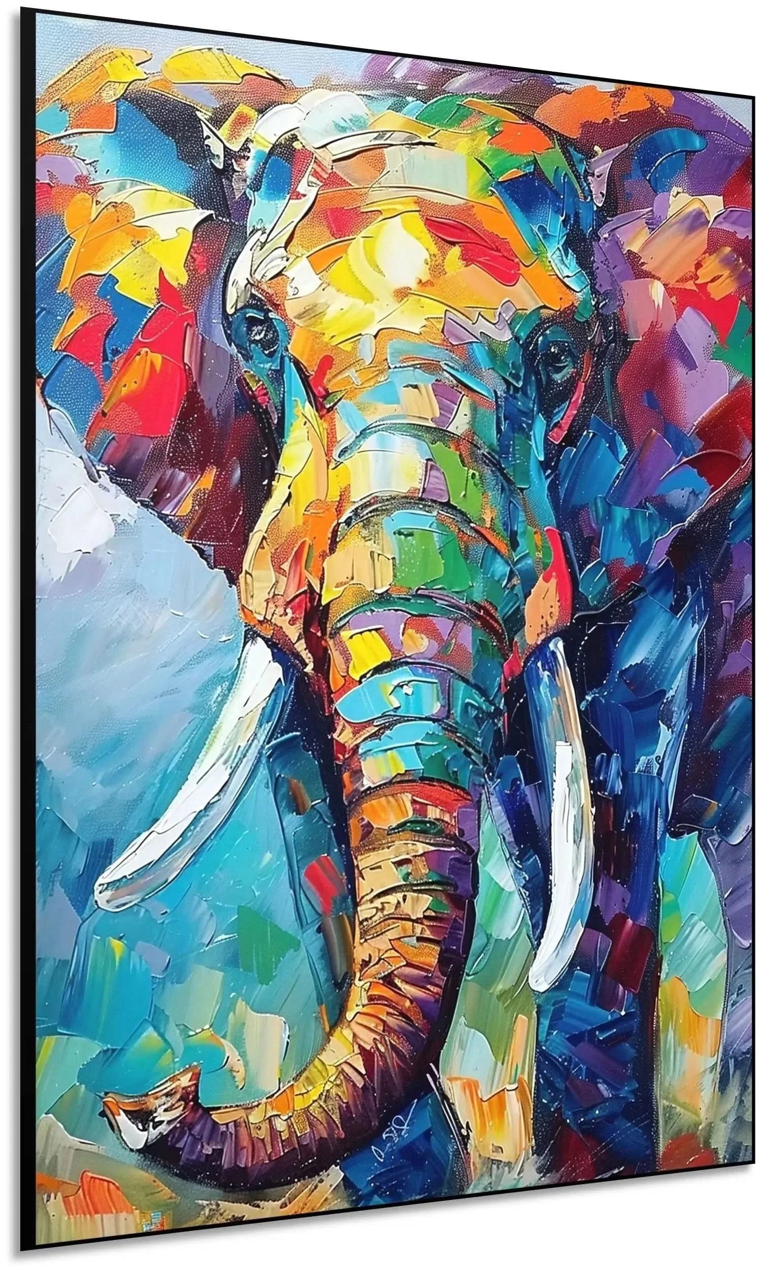 Illustration d'un éléphant aux couleurs vives, apportant une énergie vibrante et un style abstrait à la décoration.