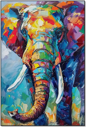 Illustration d'un éléphant aux couleurs vives, apportant une énergie vibrante et un style abstrait à la décoration.