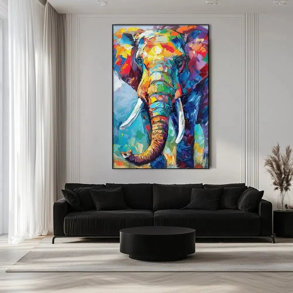 Illustration d'un éléphant aux couleurs vives, apportant une énergie vibrante et un style abstrait à la décoration.