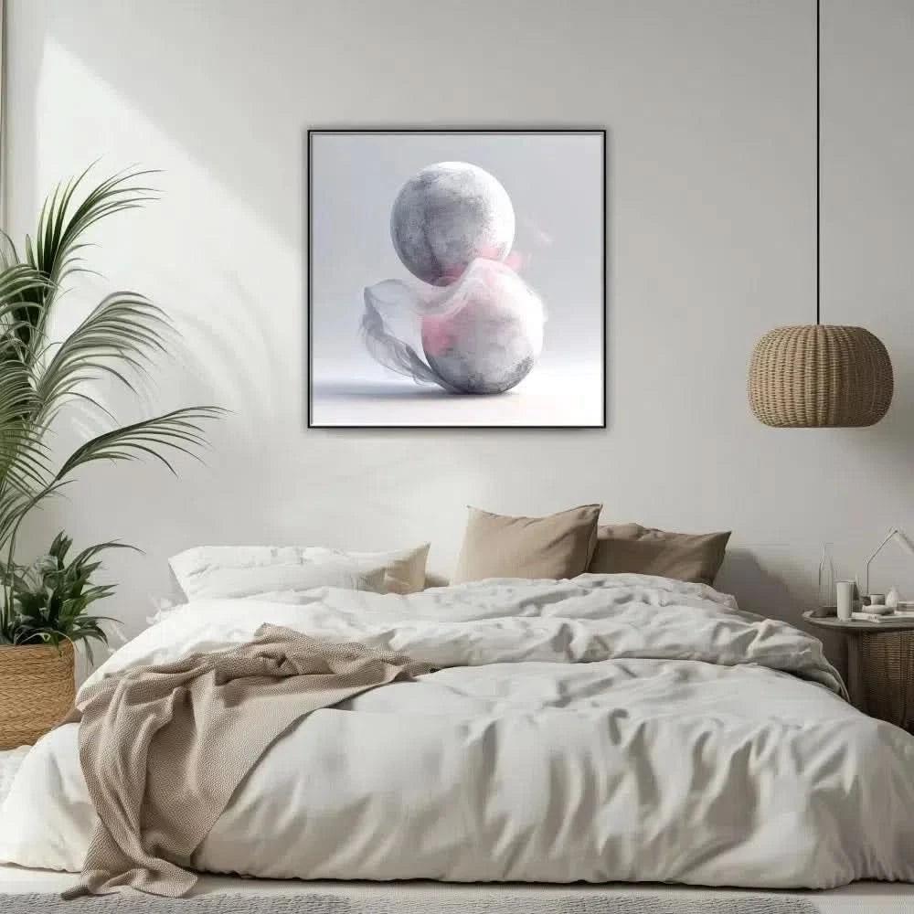 Cette œuvre abstraite présente des sphères flottantes enveloppées de fumée douce, idéale pour des décors modernes.