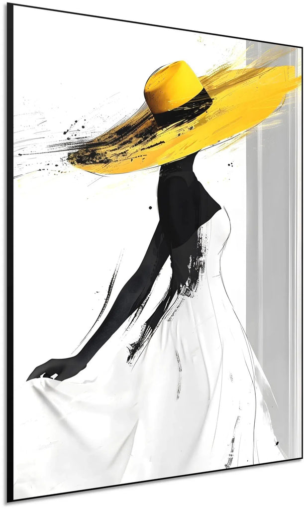 Illustration d’une femme en silhouette élégante avec des touches de jaune vibrant, créant une ambiance de sophistication et mouvement.