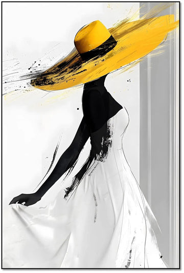 Illustration d’une femme en silhouette élégante avec des touches de jaune vibrant, créant une ambiance de sophistication et mouvement.