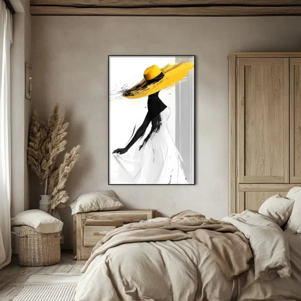 Illustration d’une femme en silhouette élégante avec des touches de jaune vibrant, créant une ambiance de sophistication et mouvement.