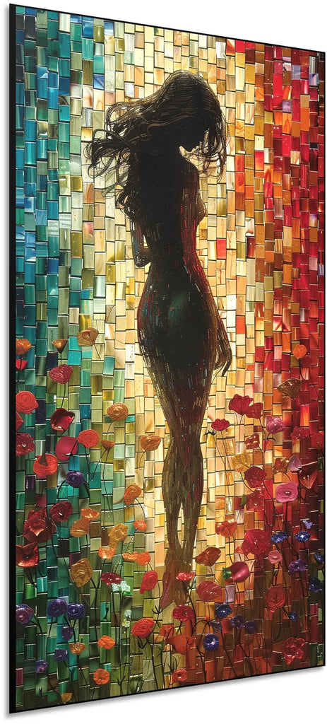 Peinture abstraite d'une silhouette féminine dans un champ de fleurs colorées, entourée de mosaïques vibrantes aux tons chauds et froids.