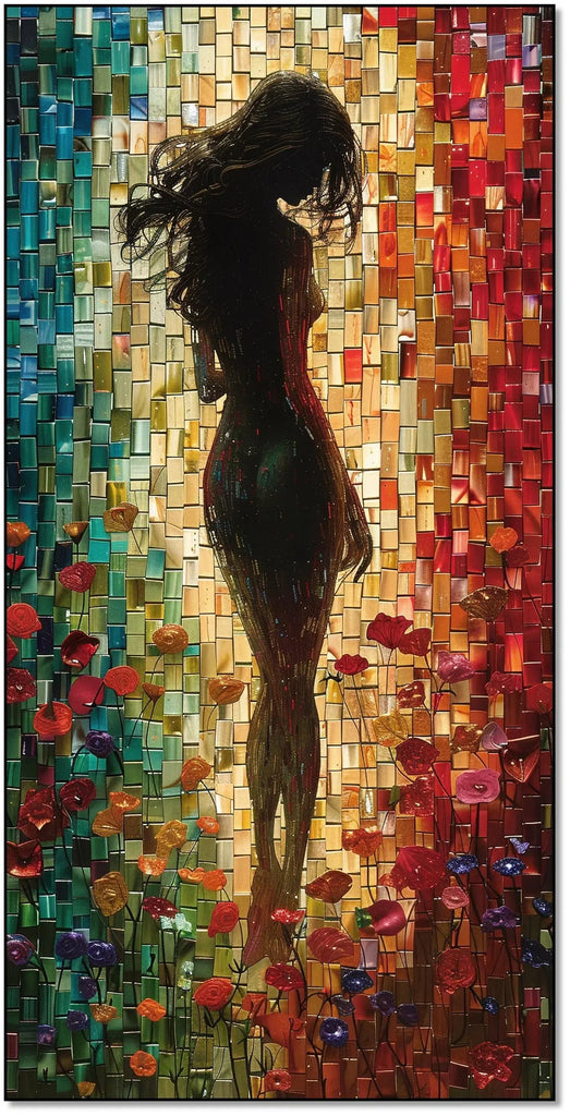 Peinture abstraite d'une silhouette féminine dans un champ de fleurs colorées, entourée de mosaïques vibrantes aux tons chauds et froids.