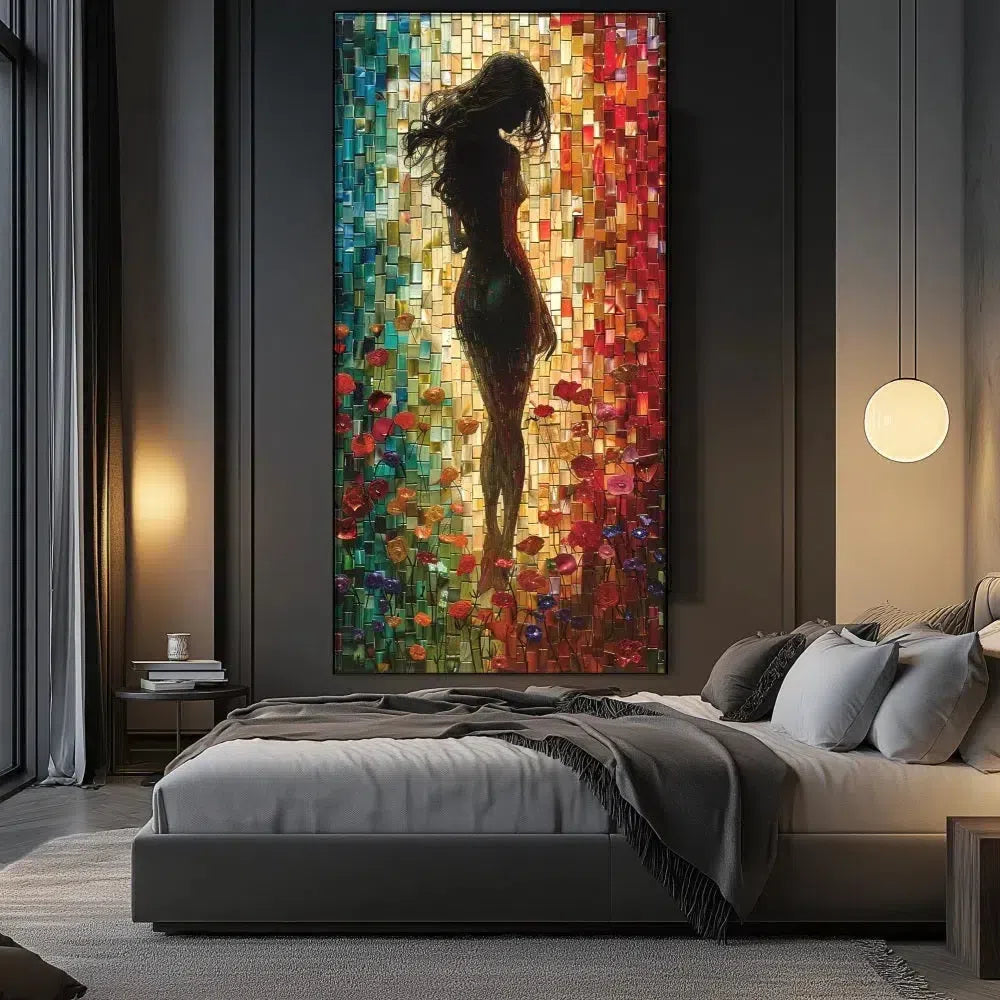 Peinture abstraite d'une silhouette féminine dans un champ de fleurs colorées, entourée de mosaïques vibrantes aux tons chauds et froids.