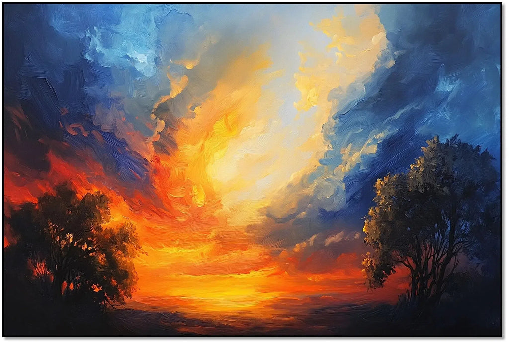 Un paysage captivant d'un ciel vibrant aux couleurs chaudes et froides, créant une atmosphère sereine, idéal pour une chambre ou un salon.