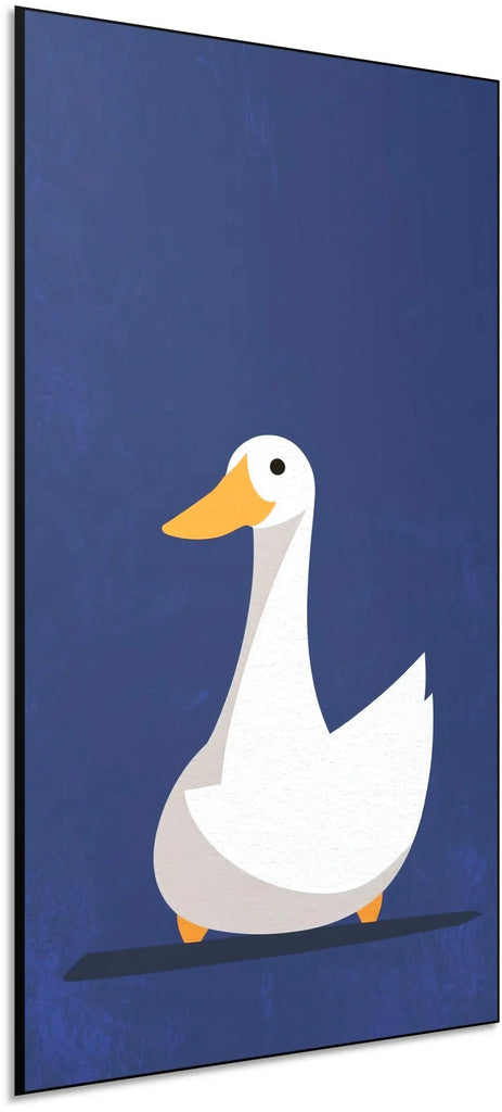 Illustration d'un canard blanc avec un bec orange sur fond bleu, créant une atmosphère douce et chaleureuse, idéale pour chambre enfantine.