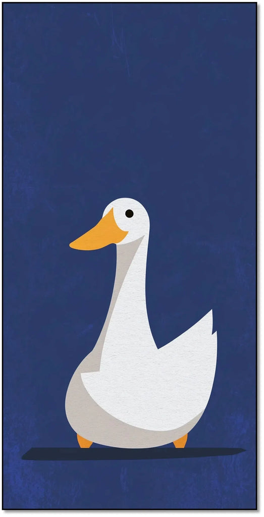 Illustration d'un canard blanc avec un bec orange sur fond bleu, créant une atmosphère douce et chaleureuse, idéale pour chambre enfantine.