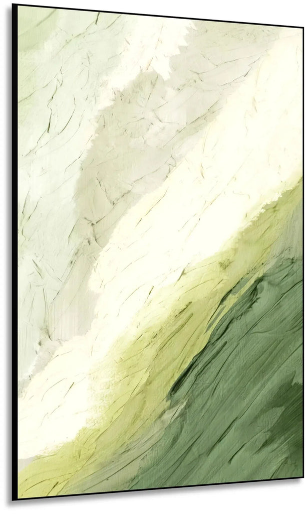 Tableau abstrait en vert et blanc avec textures douces. Atmosphère naturelle et apaisante, parfait pour un salon.