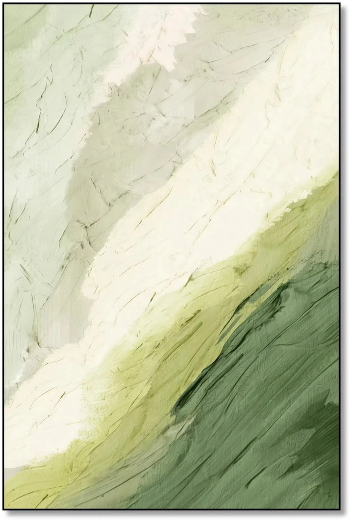 Tableau abstrait en vert et blanc avec textures douces. Atmosphère naturelle et apaisante, parfait pour un salon.